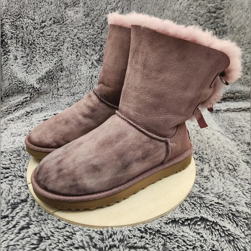 UGG Bailey Bow II Purple/Shadow Leather Sheepskin Boots Women's Size 7 - Picture 4 of 8